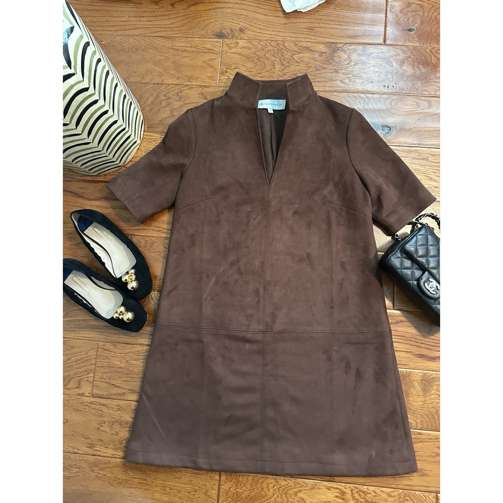 Tuckernuck Brown Vegan Suede Shift Dress Short Sleeve V-Neck Mod Size S